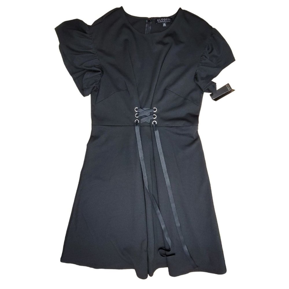 Eloquii Dress Womens 14 Black Midi Dress Corset Waist Flutter Sleeve Black Goth